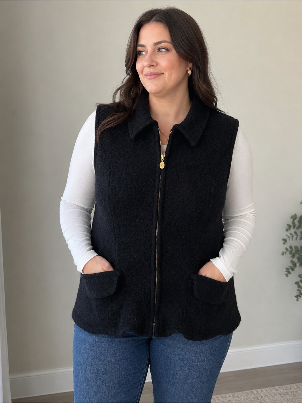 David Brooks Woman 3X 100% Wool Black Zip Front Vest Plus Size Collared Jacket